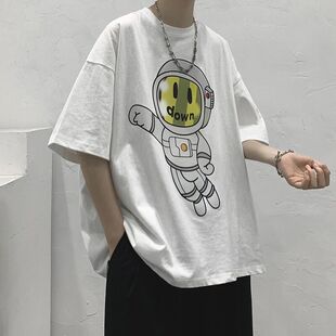 夏季2025新款男士短袖t恤潮牌ins半袖潮流男装白色宽松体恤上衣服
