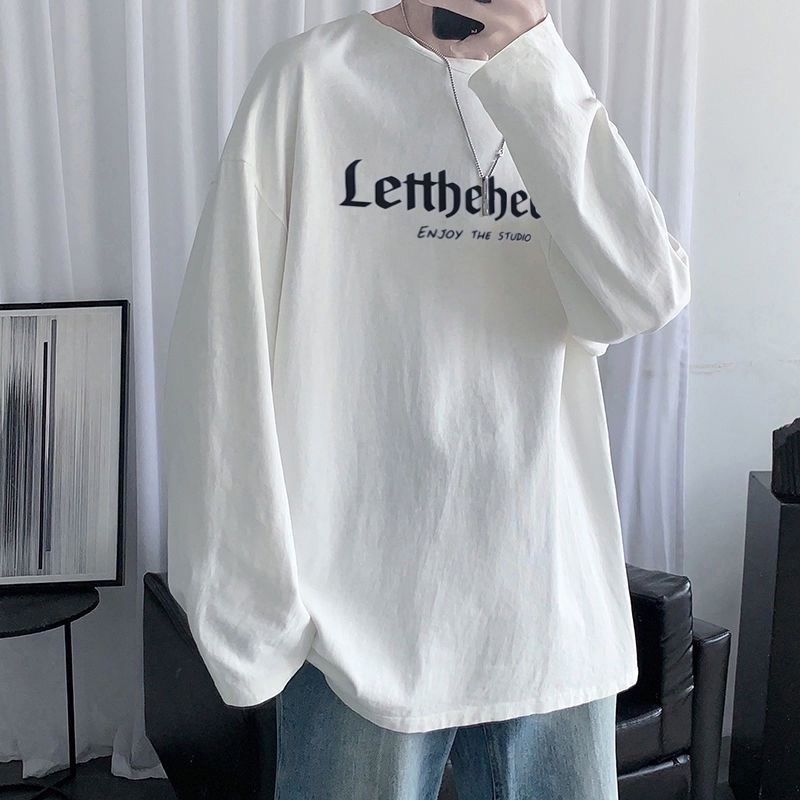 美式字母长袖t恤男青少年春秋季薄款圆领卫衣oversize内搭打底衫