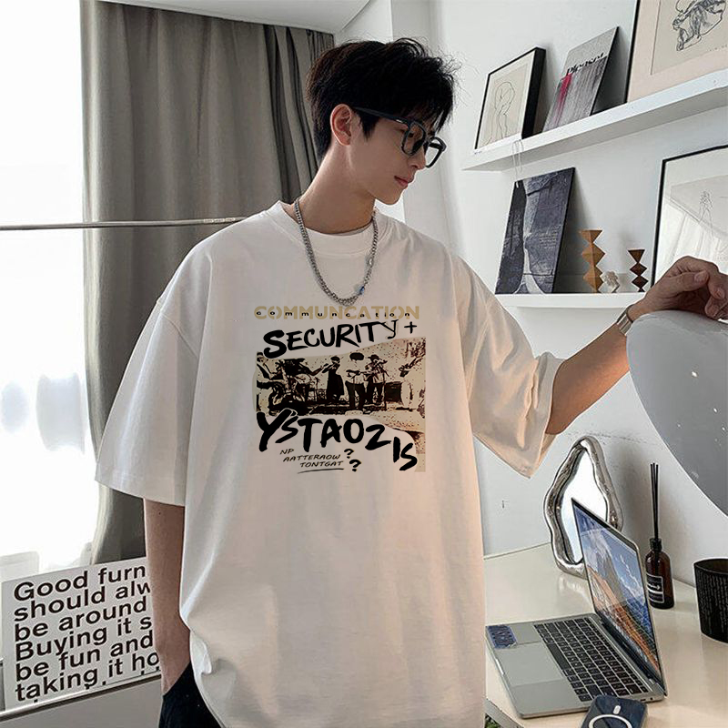 国潮白色五分短袖T恤男夏季2025新款宽松半袖港风衣服ins潮牌体恤