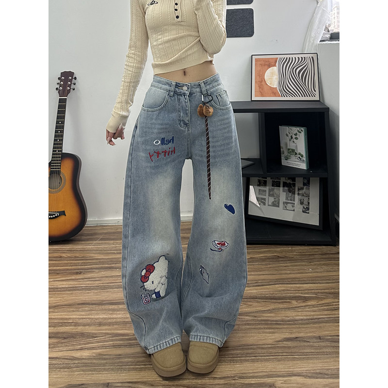 美式复古kitty猫刺绣牛仔裤女款秋冬设计感趣味松驰高腰阔腿裤子,女装/女士精品,牛仔裤,淘宝优惠券,粉丝福利购,淘宝优惠卷
