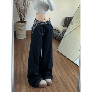 豹纹腰头拼接烧花裤 链阔腿街头baggy型女秋冬水洗做旧休闲牛仔裤