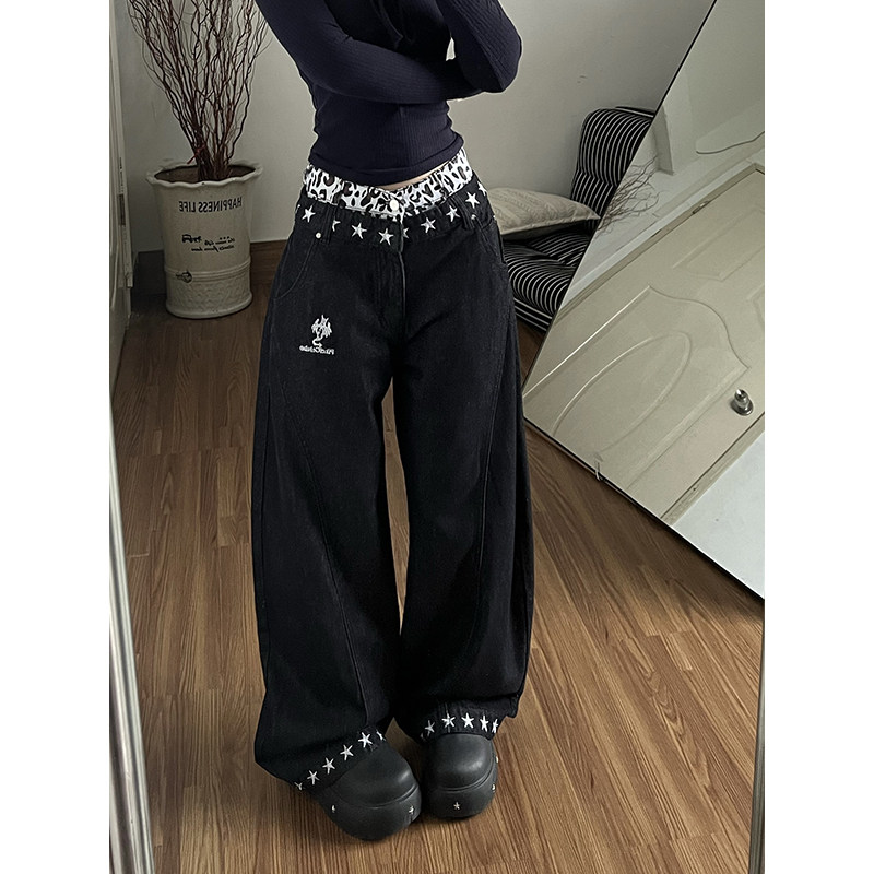 豹纹拼接假两件牛仔裤女秋冬美式复古设计感黑色裤子弯刀裤阔腿裤,女装/女士精品,牛仔裤,淘宝优惠券,粉丝福利购,淘宝优惠卷