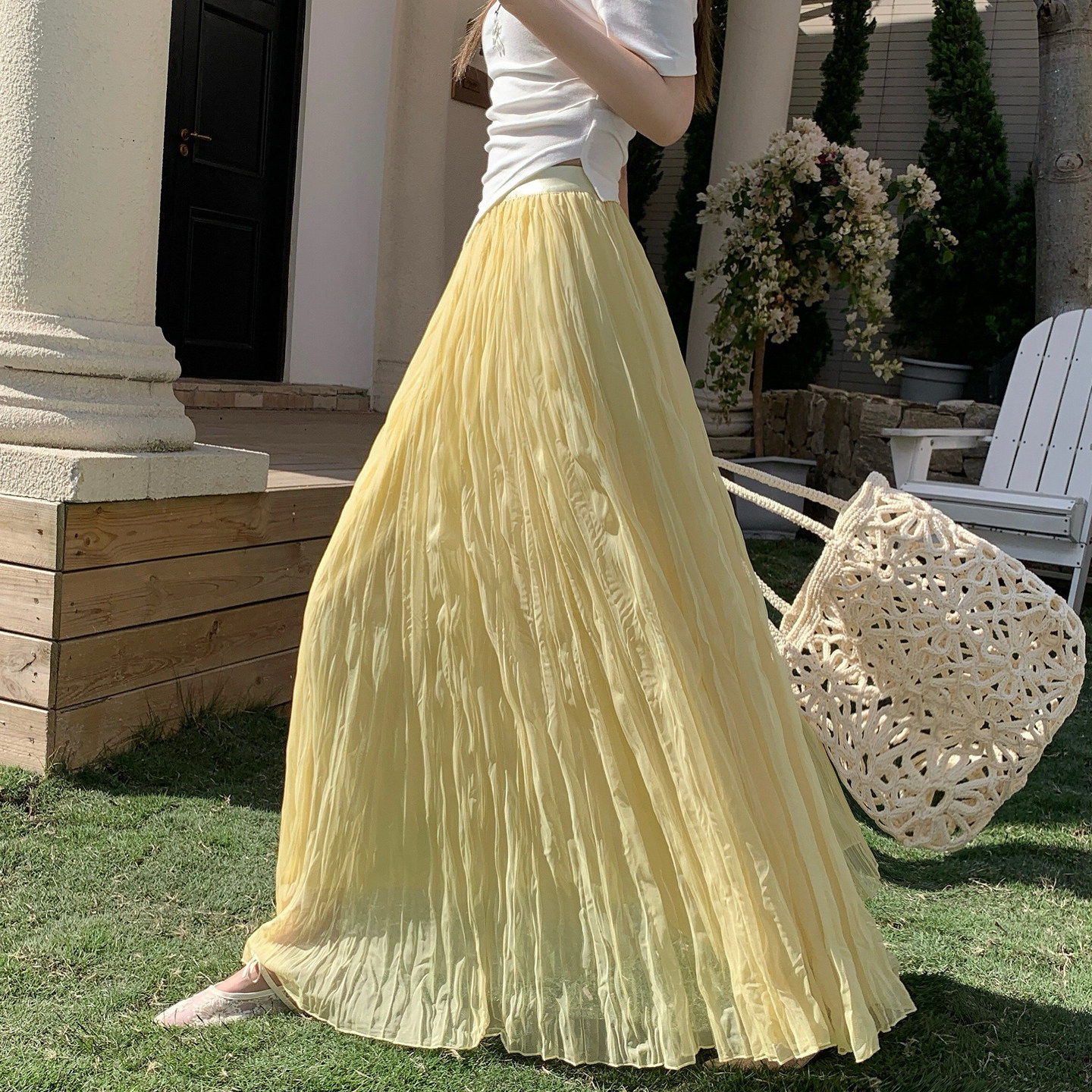 褶皱白色网纱半身裙女春夏26新款高级感垂感仙女纱裙大摆a字长裙