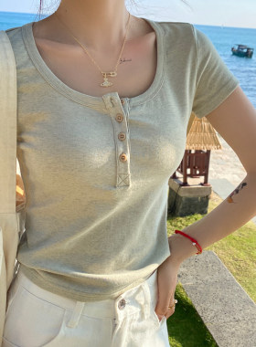 灰色U领正肩短袖T恤女2025新款夏白色修身显瘦内搭独特漂亮小上衣