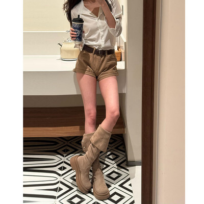 美式高腰卡其色牛仔短裤