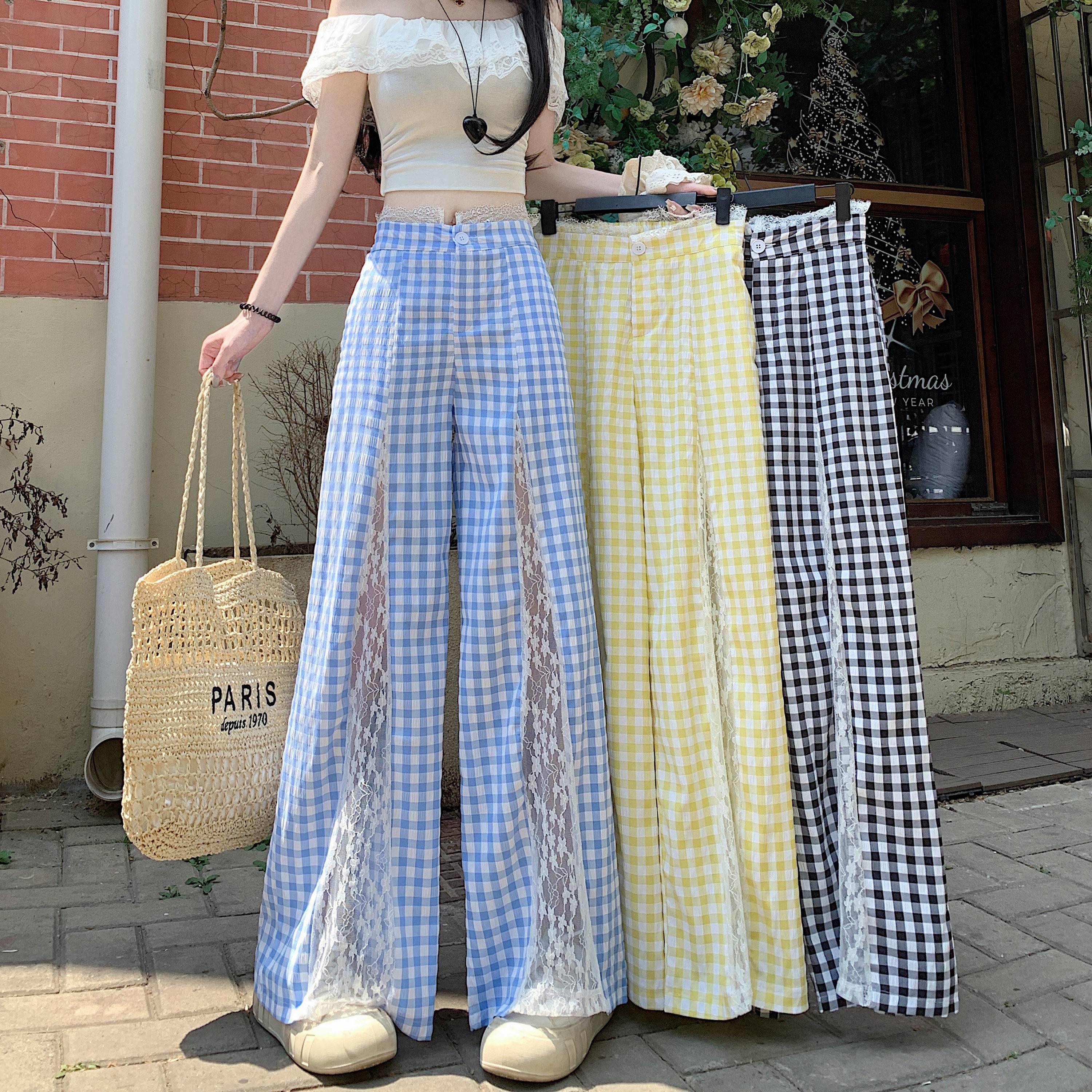 黄色蕾丝花边格子阔腿裤女夏季薄款高腰直筒拼接休闲裤拖地长裤子