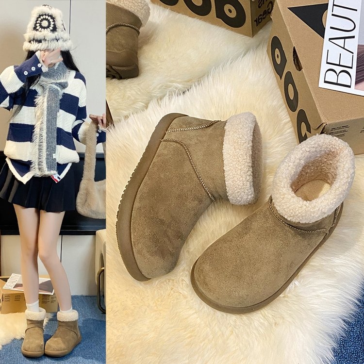 毛绒雪地靴女2025冬季新款加绒加厚保暖短靴驼色人造短毛绒面包鞋