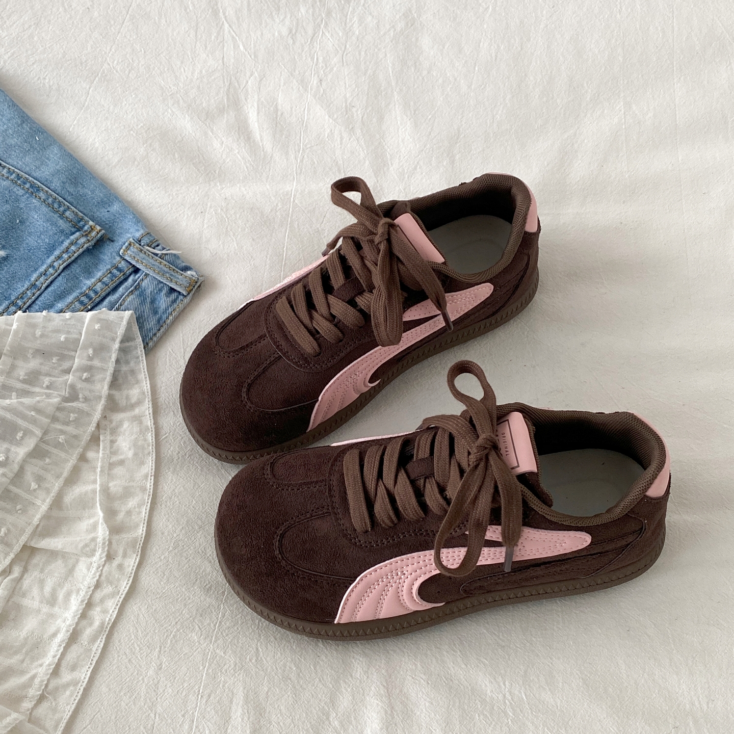 喜叔复古粉棕拼色德训板鞋女款春秋百搭厚底阿甘鞋美式休闲运动鞋