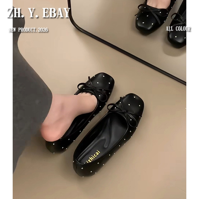 法式铆钉圆头蝴蝶结内增高单鞋女配裙子浅口软底一脚蹬黑色小皮鞋
