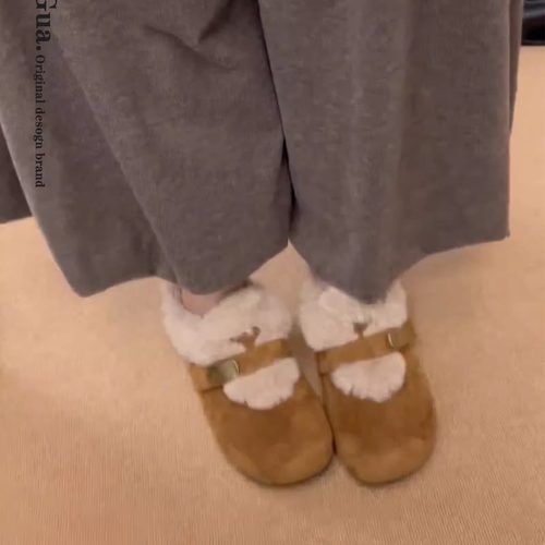 爆款复古毛绒勃肯鞋女2025冬季新款圆头搭扣加绒保暖一脚蹬懒人鞋