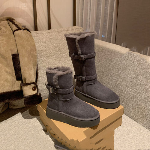 伯爵猫厚底灰色雪地靴女2025冬季新款长筒加绒加厚保暖高筒靴棉鞋