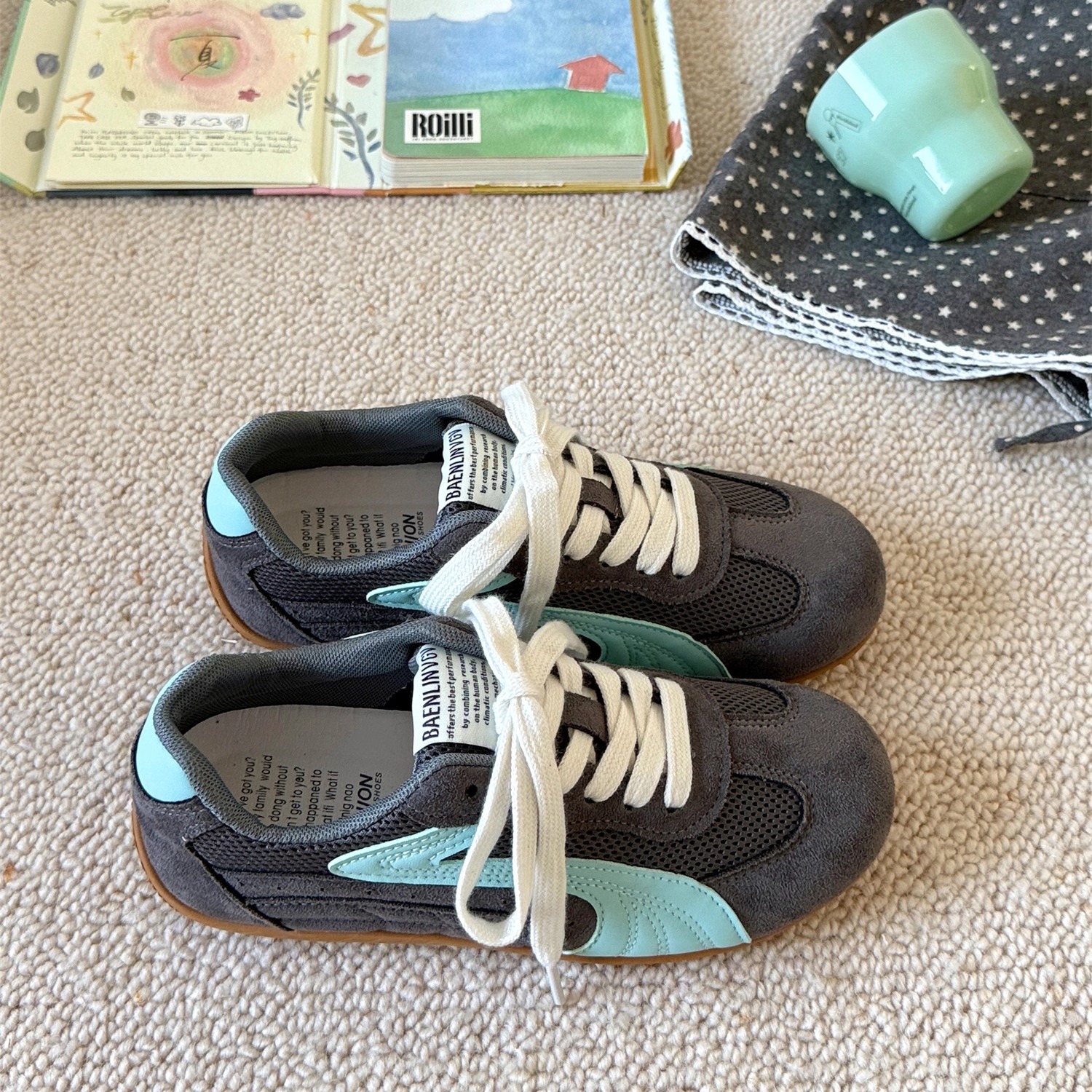 复古灰蓝色赛车鞋女2025夏季新款网面透气德训鞋阿甘鞋学生休闲鞋