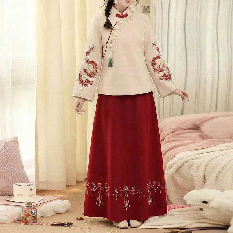 2025年秋冬季新款立领女式唐装民国风复古茶艺长袖上衣半身裙套装,女装/女士精品,时尚套装,淘宝优惠券,粉丝福利购,淘宝优惠卷