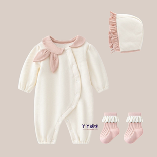 婴儿衣服秋冬装薄绒超萌连体衣小月龄女宝宝满月礼服百天公主爬服