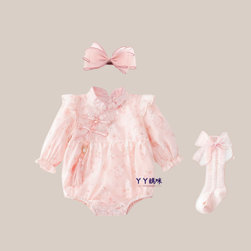 满月婴儿衣服秋装新中式碎花包屁衣新生女宝宝百天宴公主旗袍哈衣