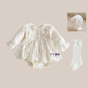 百天宝宝公主裙春秋装纯棉长袖包屁衣裙三个月女婴百日宴周岁礼服