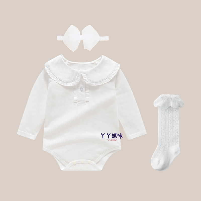 婴儿衣服秋装纯棉白色长袖包屁衣新生女宝宝满月百天宴公主打底衣