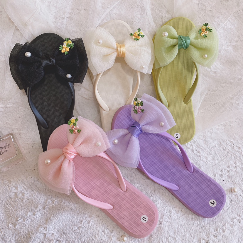 手工蝴蝶结人字拖女新款仙女风外穿拖鞋法式旅游度假拖鞋晨袍拖鞋