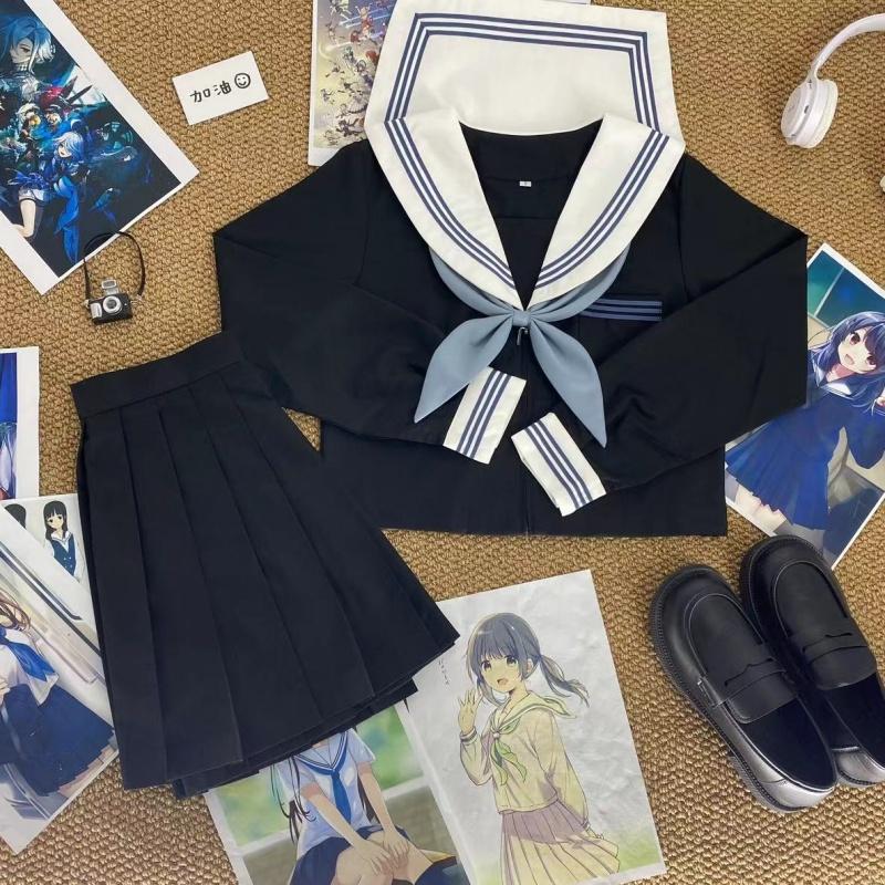 樱奈家基础款白领蓝三本水手服百褶短裙套装原创日系JK制服学院风