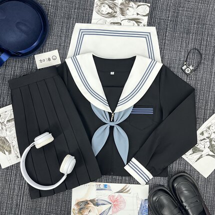 樱奈家基础款黑身白领蓝三本水手服原创JK制服日系学院风中间服女