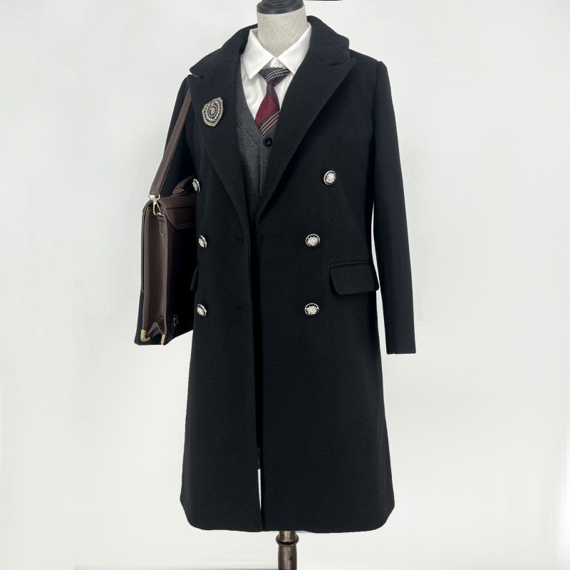 JK制服黑色高级感双排扣长款大衣
