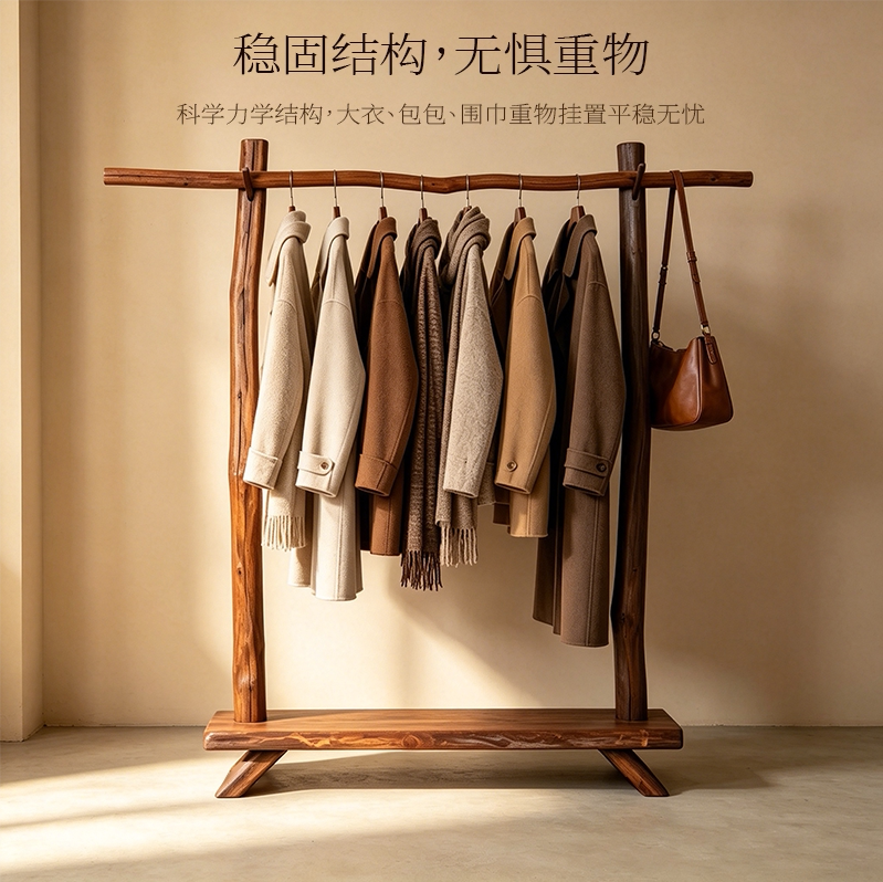 手工仿古做旧落地衣架实木衣帽架复古风卧室家用简易衣架服装店