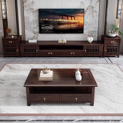 新中式轻奢高端乌金木实木电视柜茶几组合客厅岩板落地柜矮柜靠墙