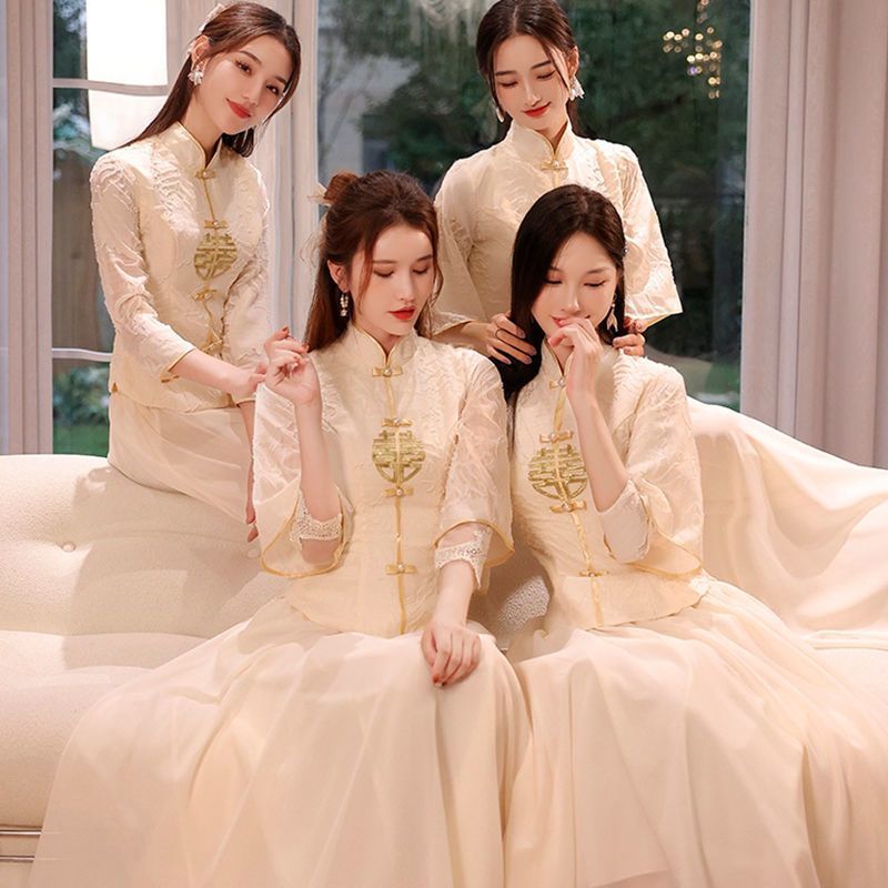 中式伴娘服2023新款旗袍姐妹团显瘦高级秀禾大码礼服中国风复古裙