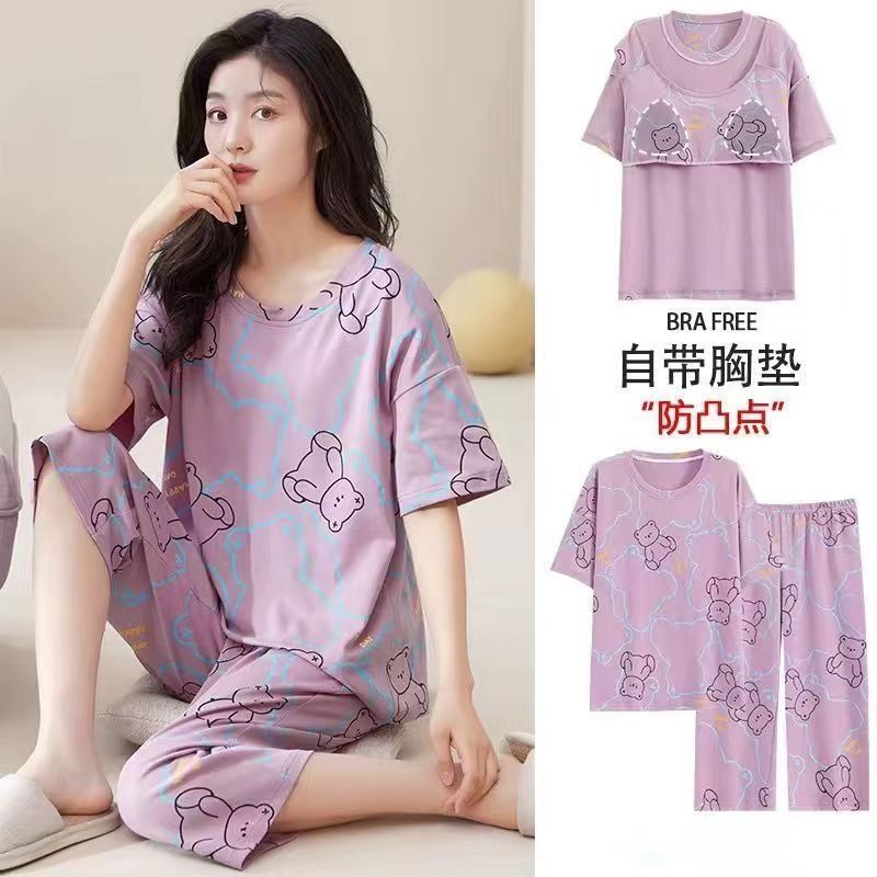 2025年夏季睡衣女夏纯棉短袖七分裤休闲可外穿带胸垫家居服套装女