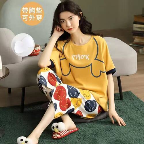 带胸垫睡衣女夏季纯棉短袖七分裤胸垫卡通休闲新款家居服套装少女