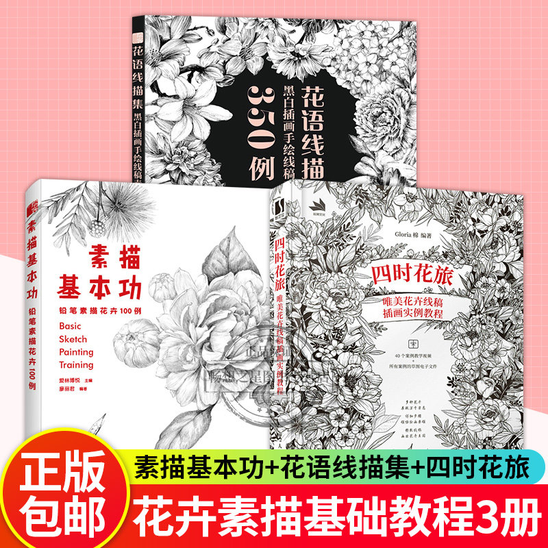四时花旅+素描基本功+花语线描集 唯美花卉线稿插画实例教程 铅笔素描花卉100例 黑白插画手绘线稿素材350例 花卉素描临摹画册书