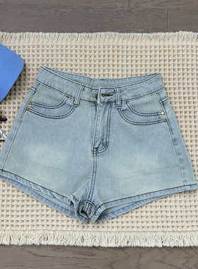 浅蓝色高腰牛仔短裤女夏季水洗做旧直筒宽松百搭休闲A字阔腿热裤