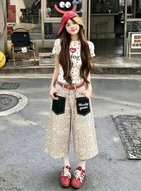 复古口袋贴布豹纹牛仔七分裤女款2026年夏季新款宽松阔腿中短裤子