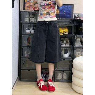 胖mm宽松显瘦高腰直筒阔腿中裤 女夏季 复古黑灰色七分牛仔短裤 大码