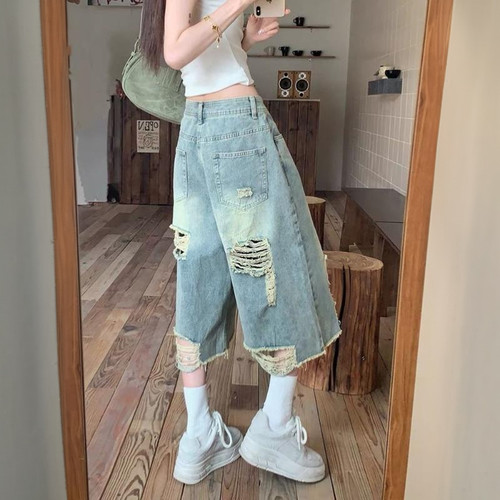 美式破洞毛边阔腿设计感牛仔七分裤女夏季梨型身材直筒梧桐中裤子