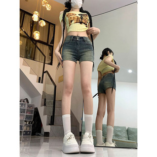 美式 女夏季 大码 紧身牛仔短裤 新款 小个子胖mm辣妹性感弹力包臀热裤