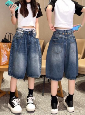 大码美式牛仔短裤女夏季薄款2026新款夏天中裤胖mm显瘦高腰五分裤