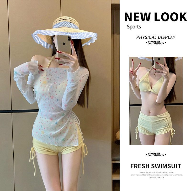 泳衣女分体比基尼三件套性感挂脖纯欲风长袖罩衫防晒度假温泉