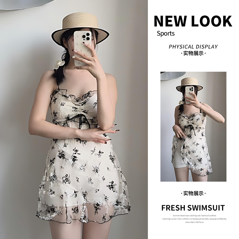 连体泳衣女2025新款甜美碎花吊带裙式遮肚显瘦海边温泉度假泳装