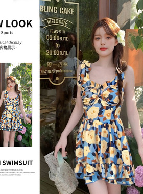夏季连体泳衣女复古法式印花显瘦遮肉温泉游泳装感ins风泳装