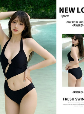 2025新款比基尼泳衣女黑色性感镂空连体感泳装辣妹温泉度假