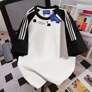 纯棉美式重磅短袖t恤ins夏季新款小众设计感三条杠猫咪BF风上衣服