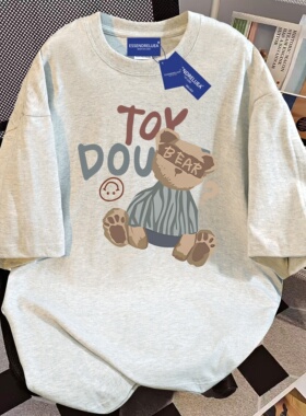 白灰色小熊短袖t恤女纯棉2025夏季新款爆款宽松休闲印花上衣t恤女