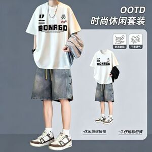夏季韩版潮男T恤衫牛仔短裤套装