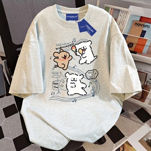 韩版 t恤女夏季 宽松百搭上衣ins潮牌 重磅纯棉卡通印花圆领短袖 美式