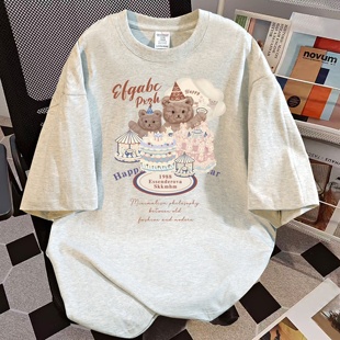 新款 t恤女夏季 宽松百搭白灰色上衣服 纯棉甜美风涂鸦印花短袖 美式