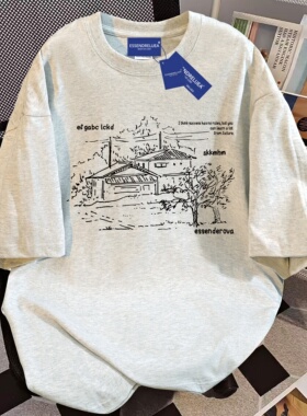 纯棉美式高街线条风景印花短袖t恤女夏季新款宽松休闲白灰色上衣