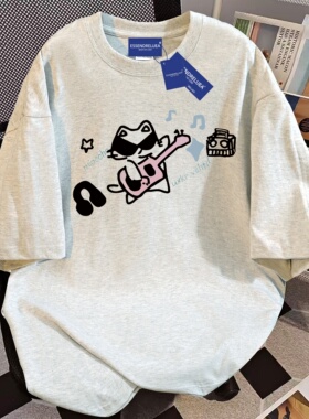 白灰色美式复古纯棉圆领短袖T恤女2025新款夏季宽松韩系半袖上衣