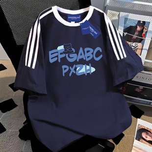 夏季美式新款藏蓝色vintage韩版宽松休闲字母短袖T恤女三条杠上衣