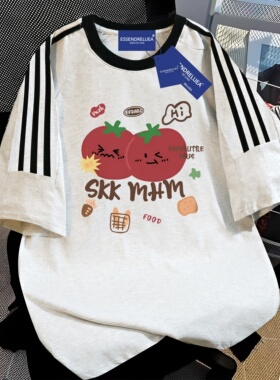 夏季卡通可爱西红柿短袖T恤女美式纯棉休闲三条杠浅蓝色情侣上衣